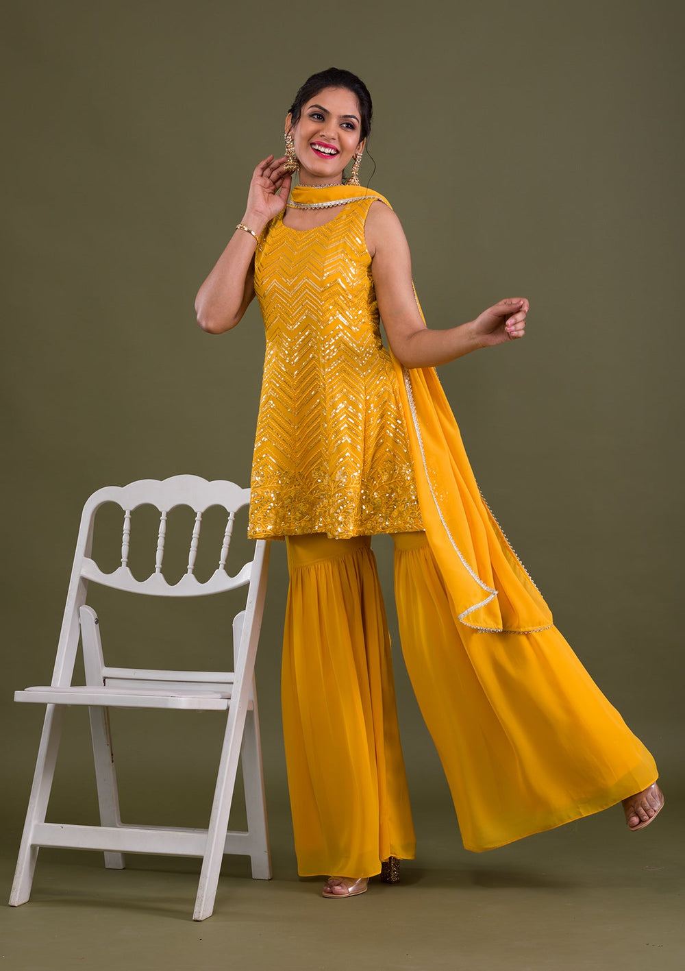 Yellow Sequins Georgette Readymade Salwar Suit-Koskii