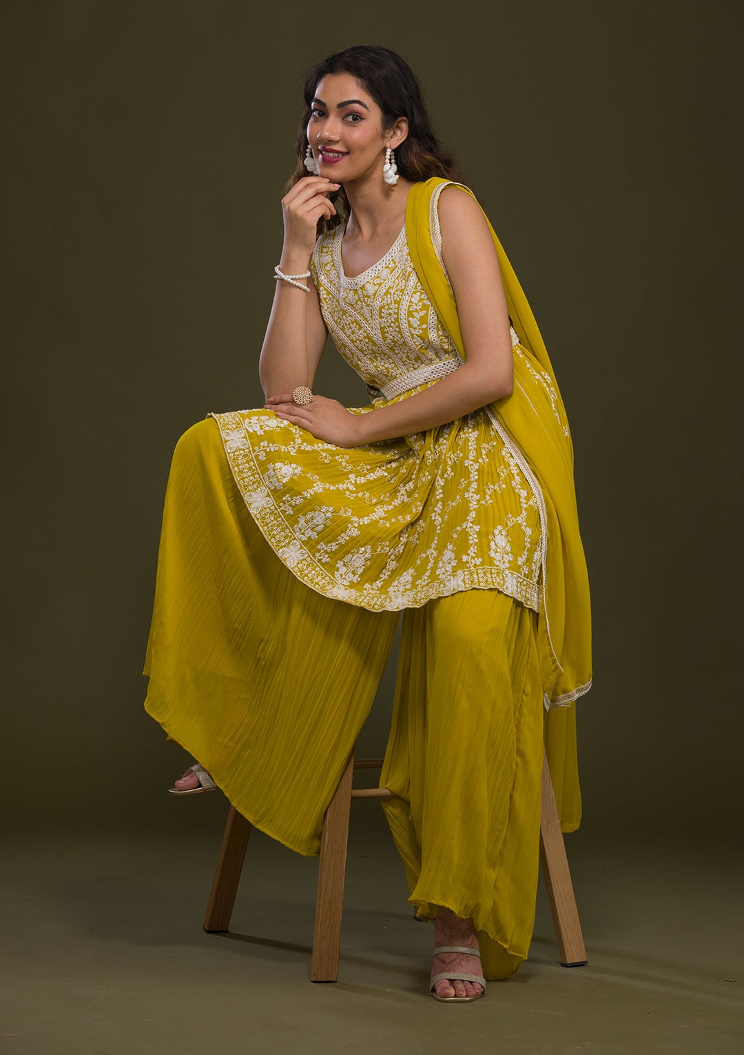 Yellow Threadwork Georgette Readymade Salwar Kameez-Koskii