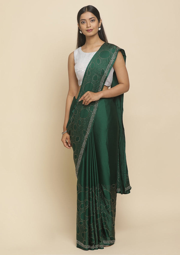 Leaf Green Swarovski  Satin Designer Saree - koskii
