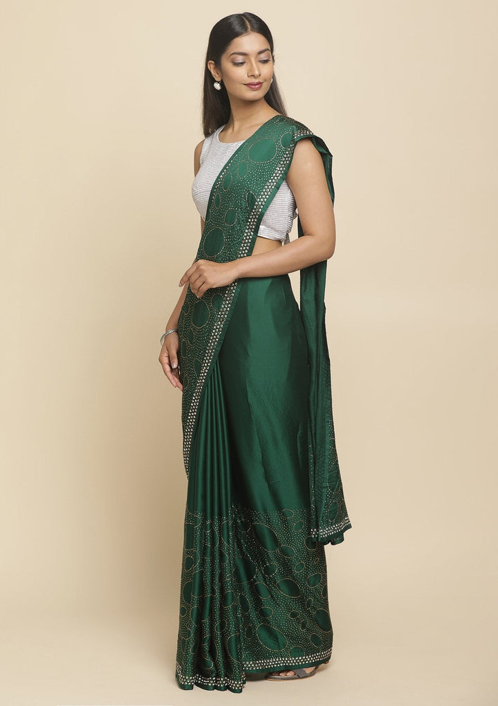 Leaf Green Swarovski  Satin Designer Saree - koskii