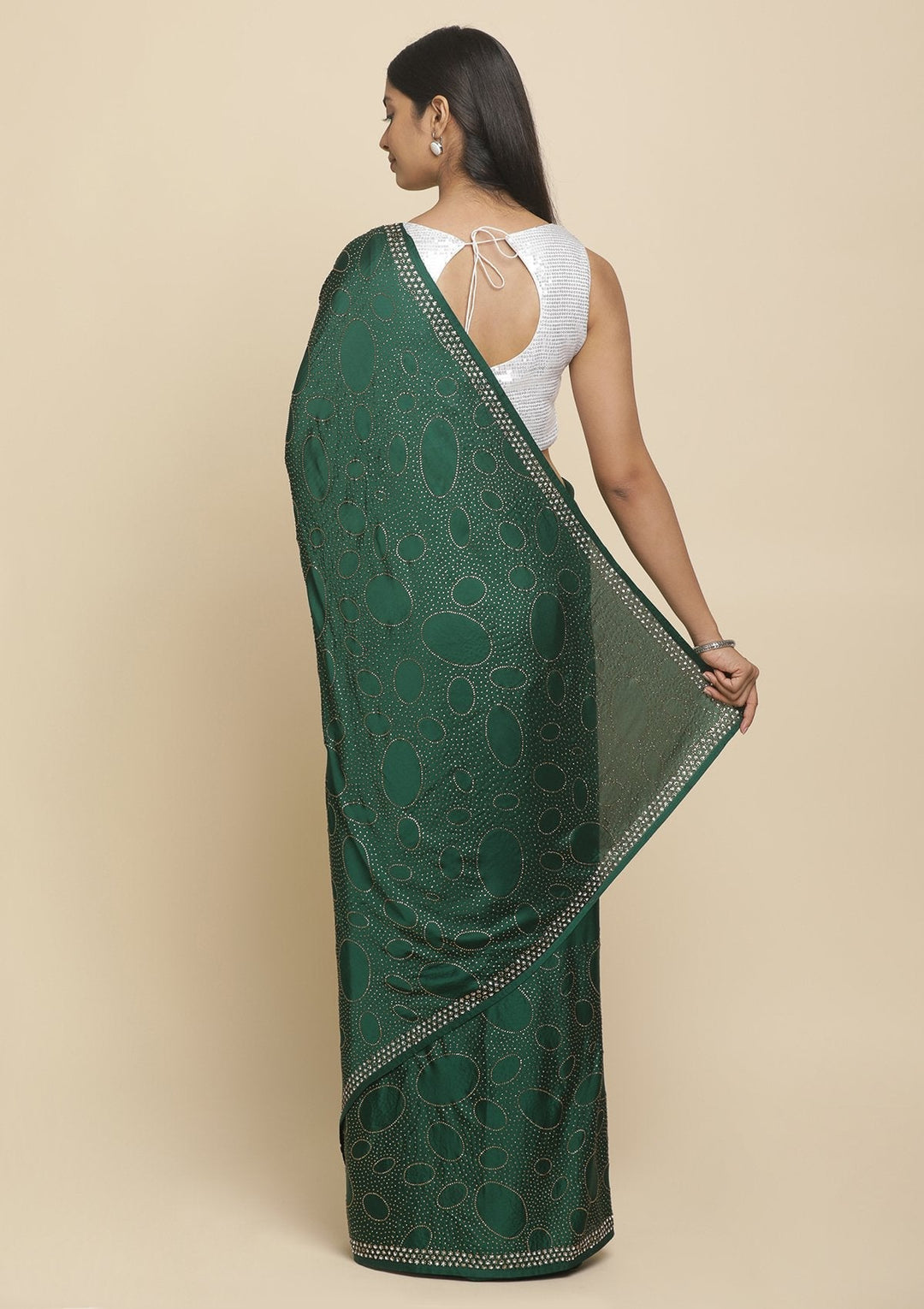 Leaf Green Swarovski  Satin Designer Saree - koskii