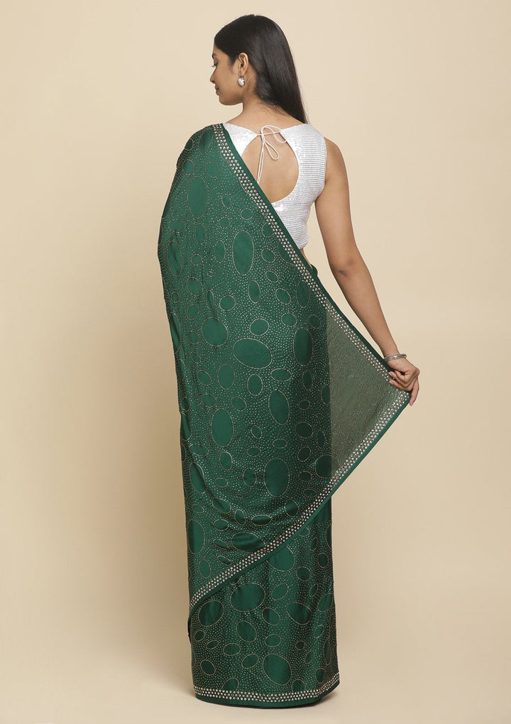 Leaf Green Swarovski  Satin Designer Saree - koskii