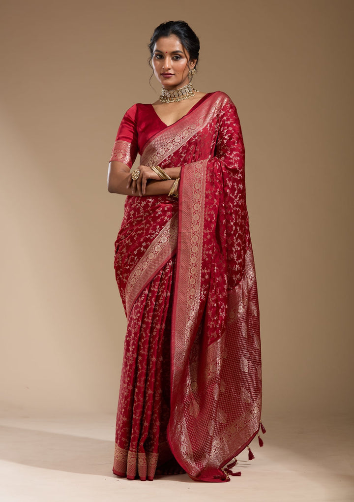Maroon Zariwork (Gold) Satin Silk Saree