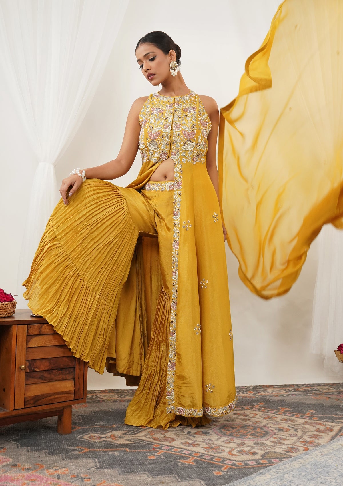 Mustard Zariwork Semi Crepe Readymade Salwar Suit-Koskii