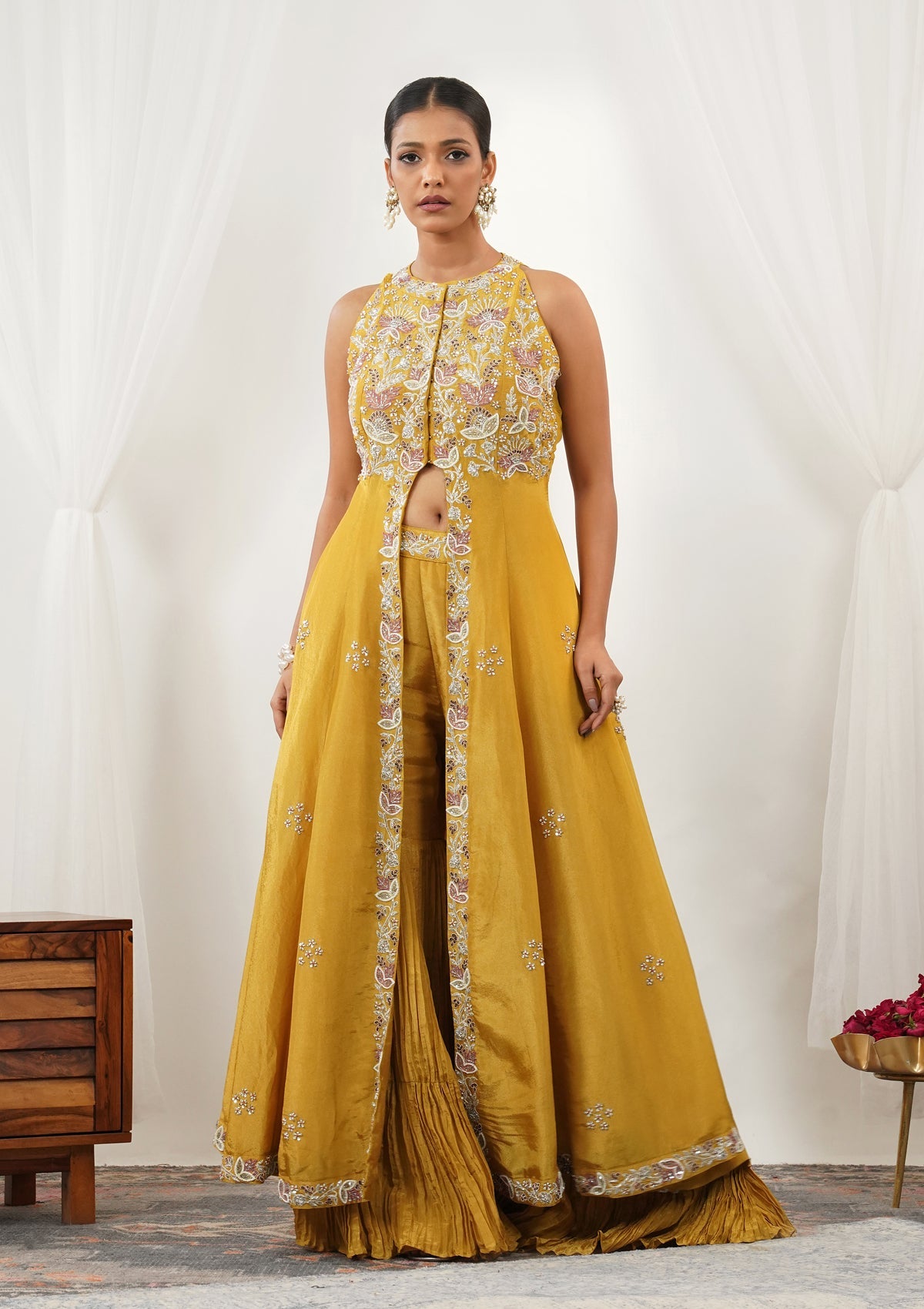 Mustard Zariwork Semi Crepe Readymade Salwar Suit-Koskii