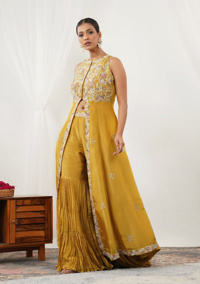 Mustard Zariwork Semi Crepe Readymade Salwar Suit-Koskii