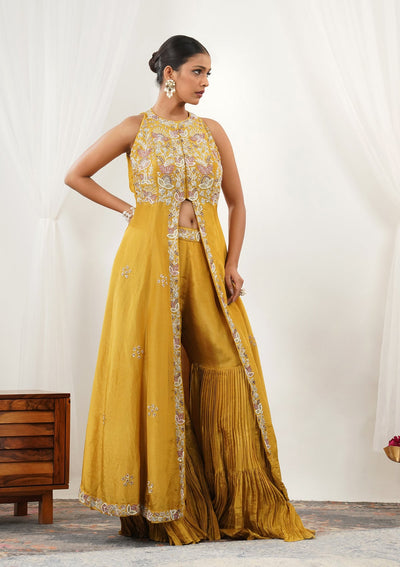 Mustard Zariwork Semi Crepe Readymade Salwar Suit-Koskii