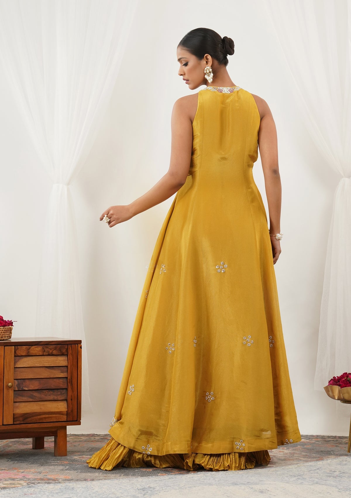 Mustard Zariwork Semi Crepe Readymade Salwar Suit-Koskii