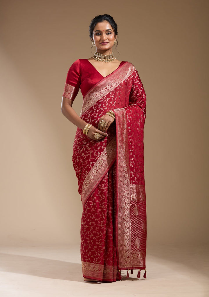 Maroon Zariwork (Gold) Satin Silk Saree