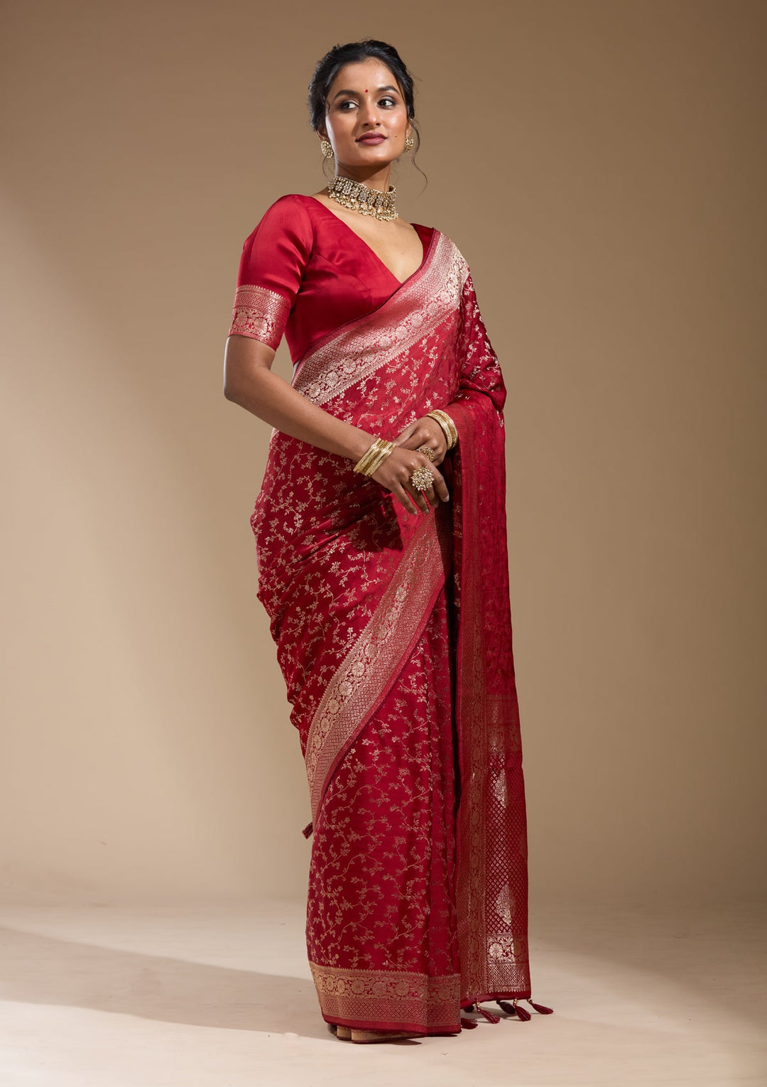 Maroon Zariwork (Gold) Satin Silk Saree