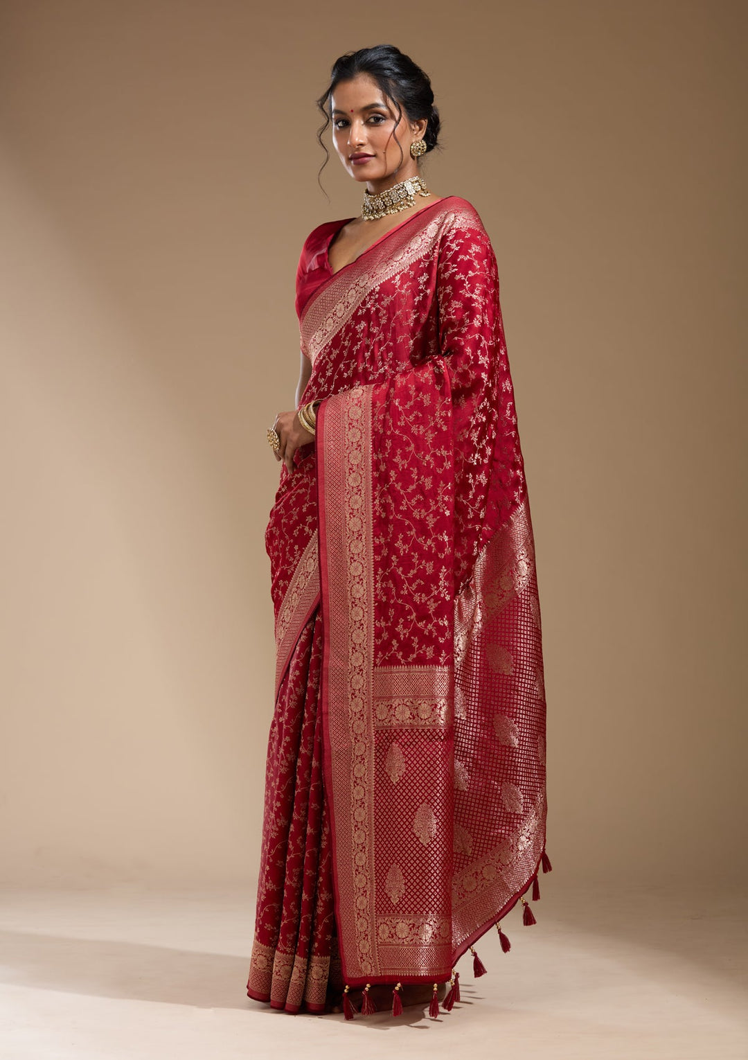 Maroon Zariwork (Gold) Satin Silk Saree