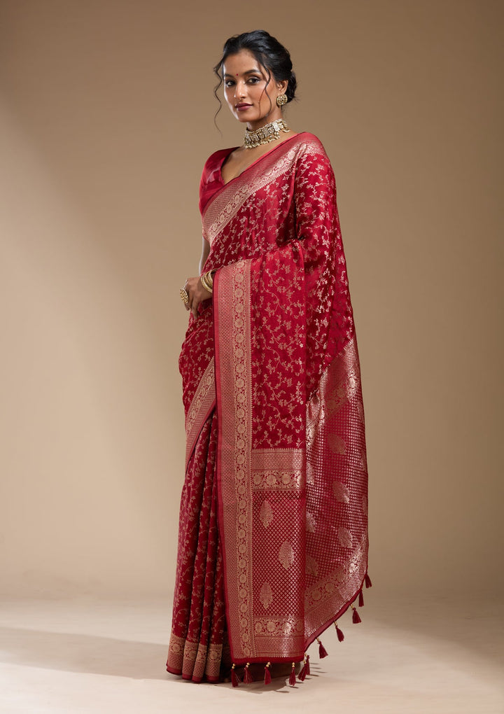Maroon Zariwork (Gold) Satin Silk Saree