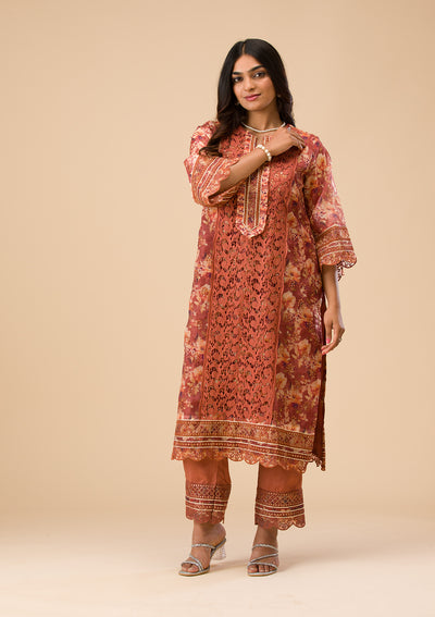 Rust Printed Organza Unstitched Salwar Suit