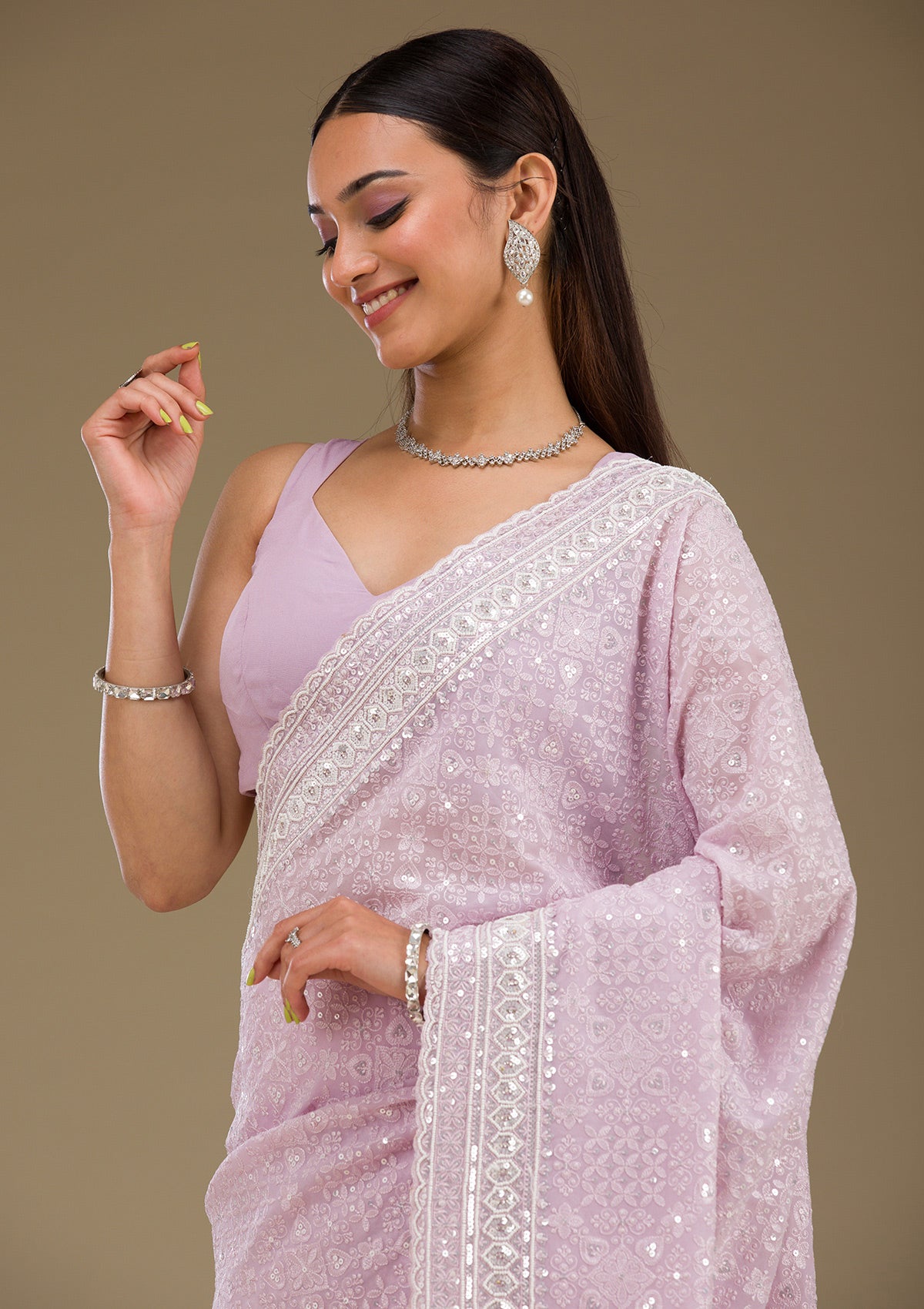 Lavender Sequins Georgette Saree-Koskii