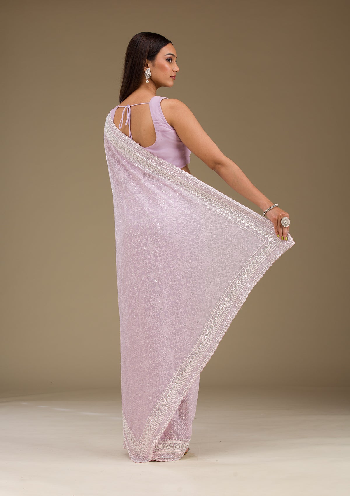 Lavender Sequins Georgette Saree-Koskii