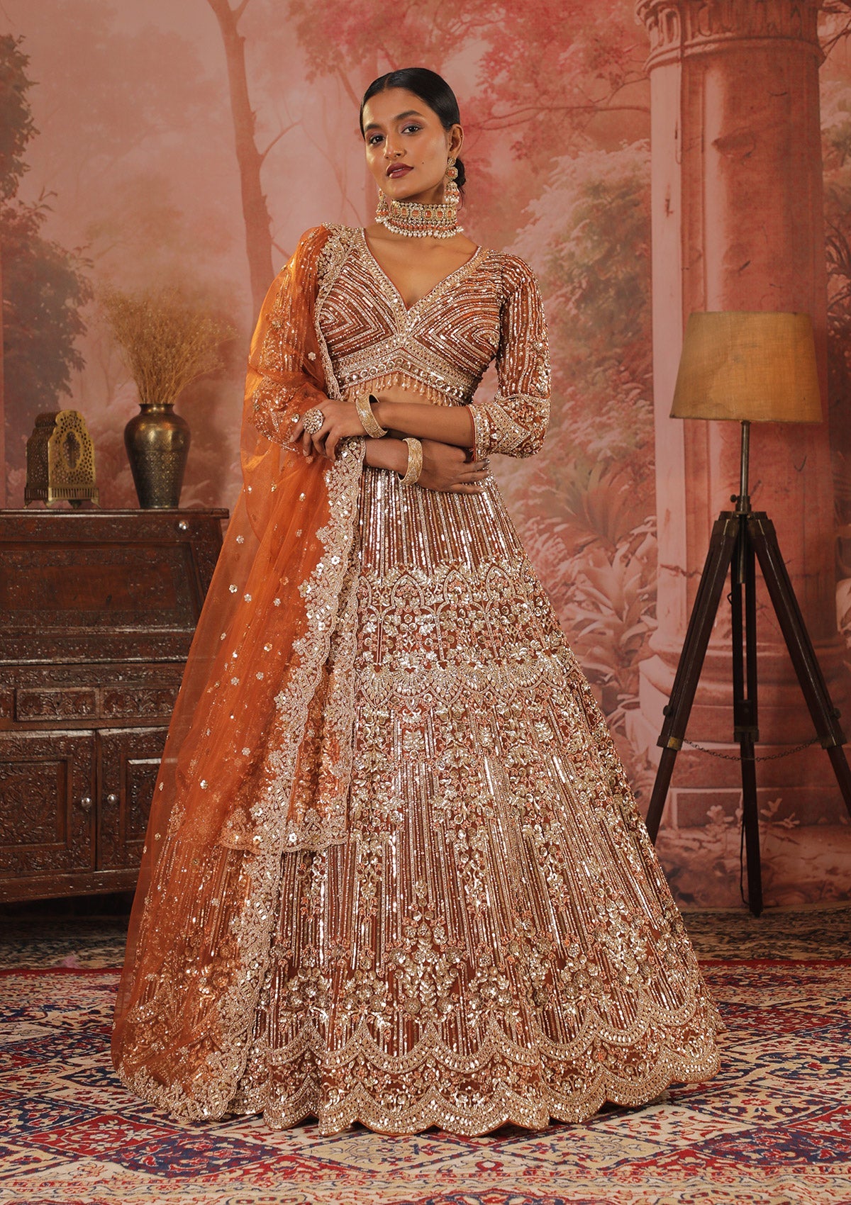 Rust Sequins Net Readymade Lehenga-Koskii