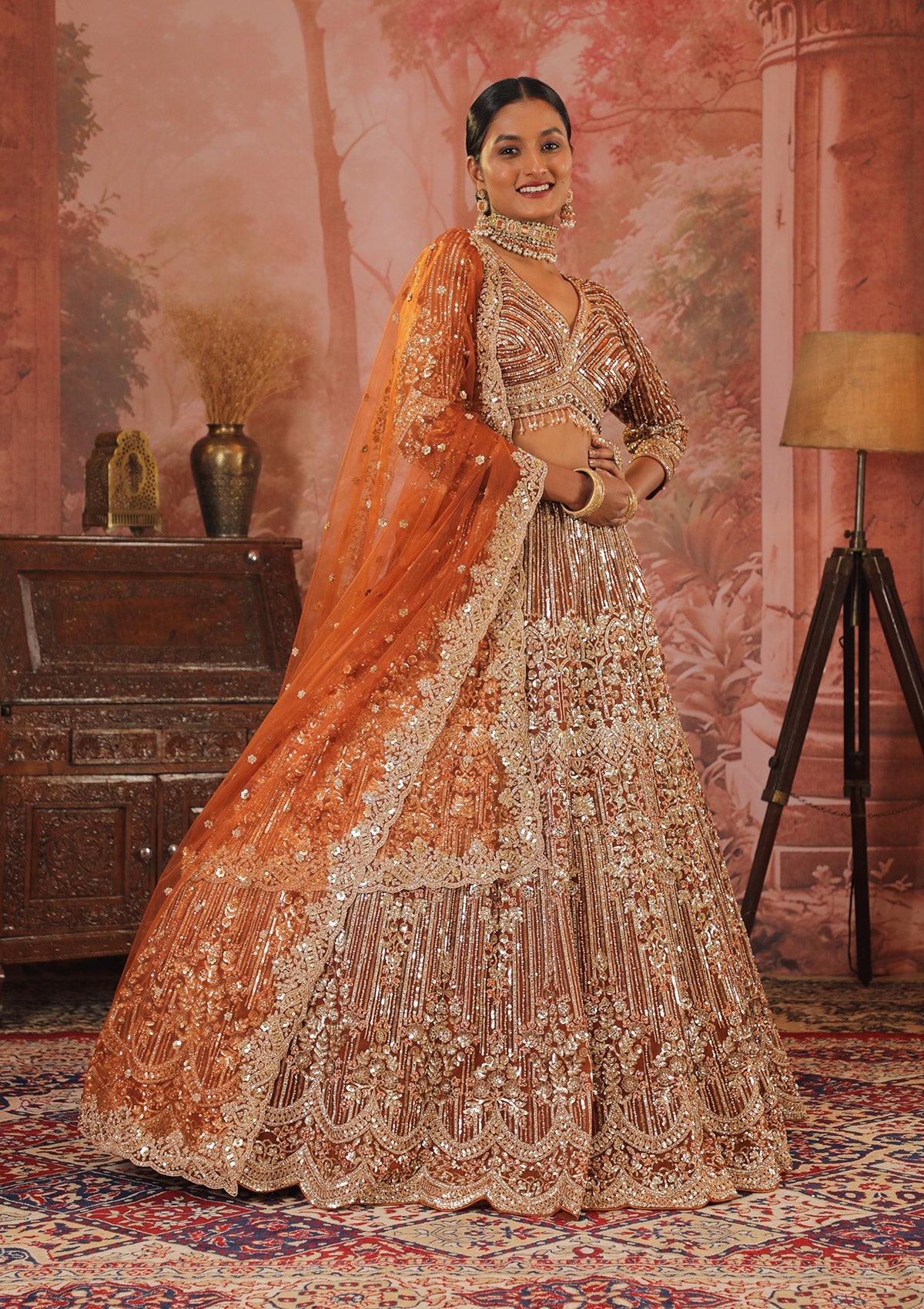 Rust Sequins Net Readymade Lehenga-Koskii