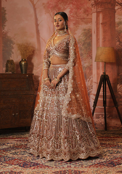 Rust Sequins Net Readymade Lehenga-Koskii