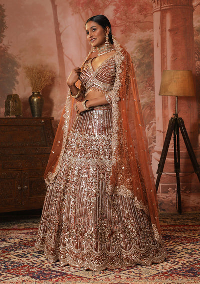 Rust Sequins Net Readymade Lehenga-Koskii