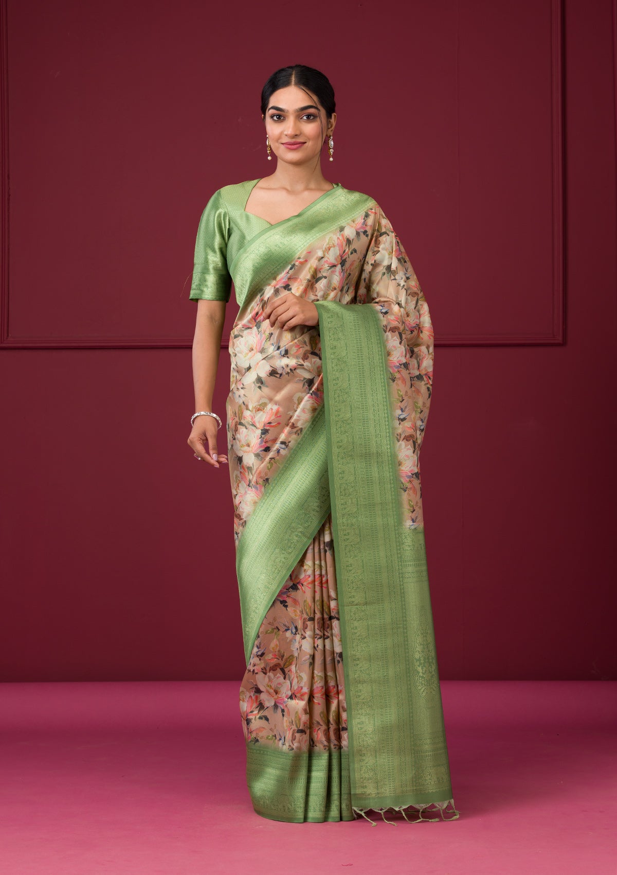 Beige Printed Art Silk Saree-Koskii