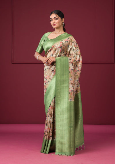 Beige Printed Art Silk Saree-Koskii