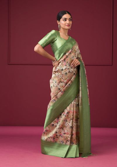 Beige Printed Art Silk Saree-Koskii