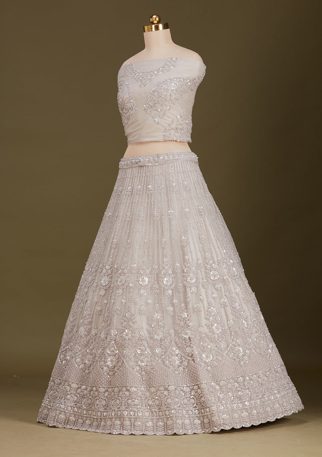 Light Grey Zariwork (Silver) Net Readymade Lehenga