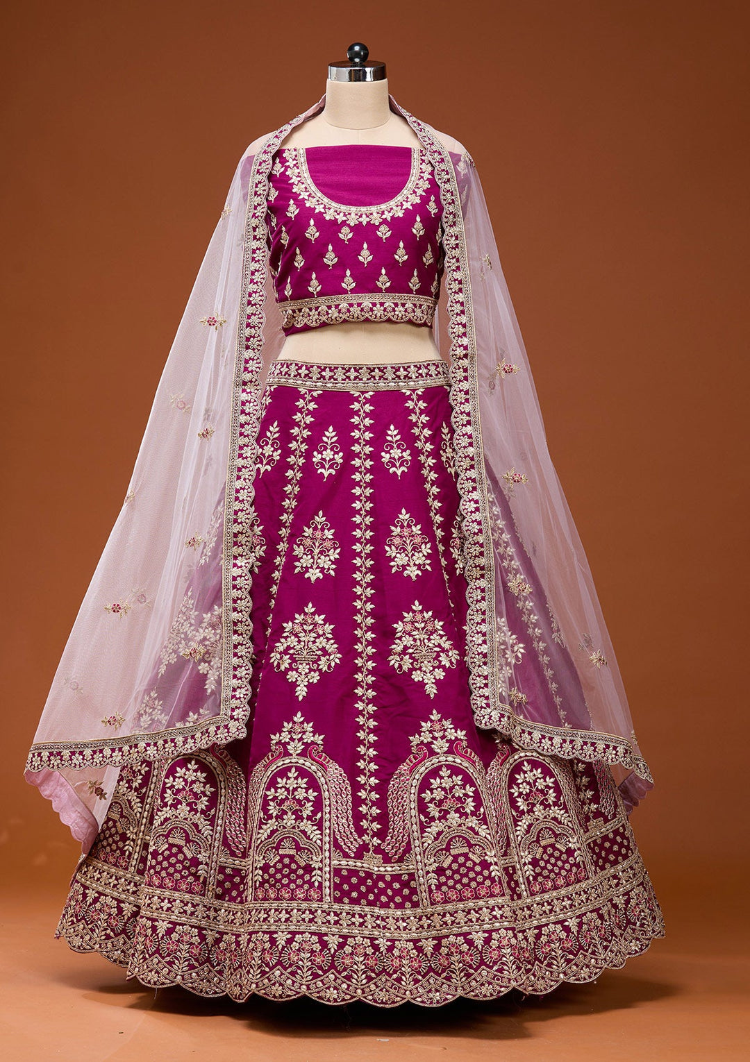 Wine Cording Raw Silk Semi-Stitched Lehenga_Koskii