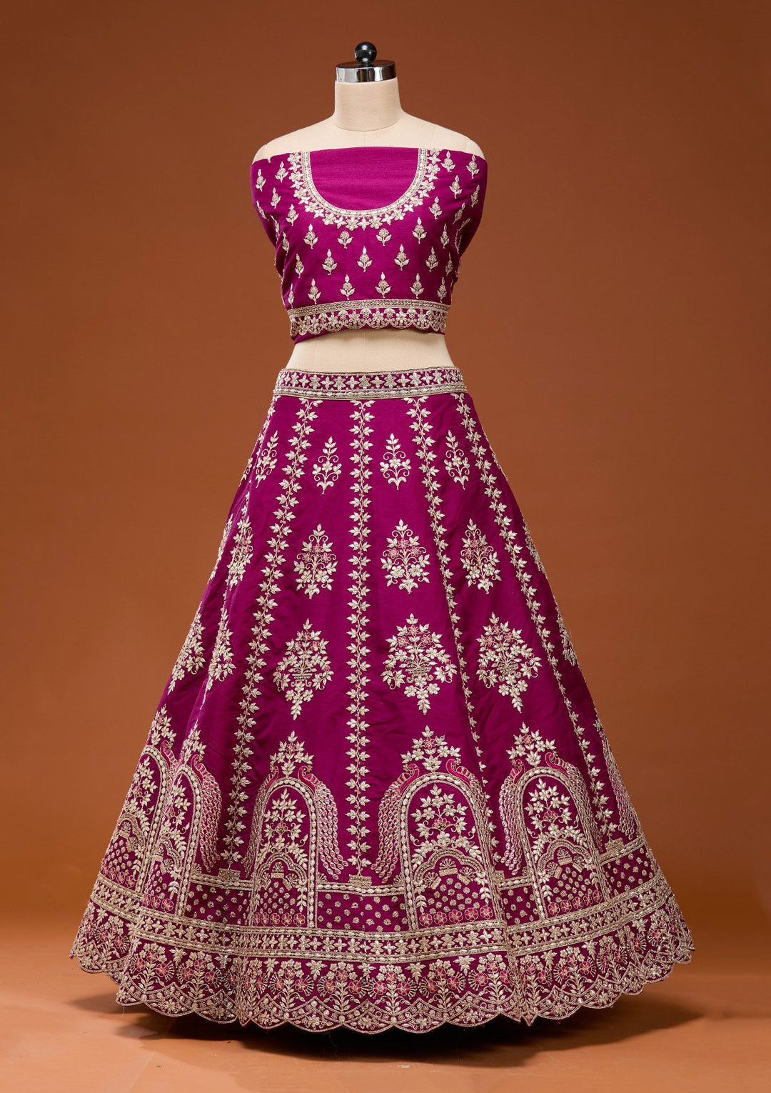 Wine Cording Raw Silk Semi-Stitched Lehenga_Koskii