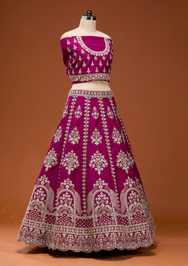 Wine Cording Raw Silk Semi-Stitched Lehenga_Koskii