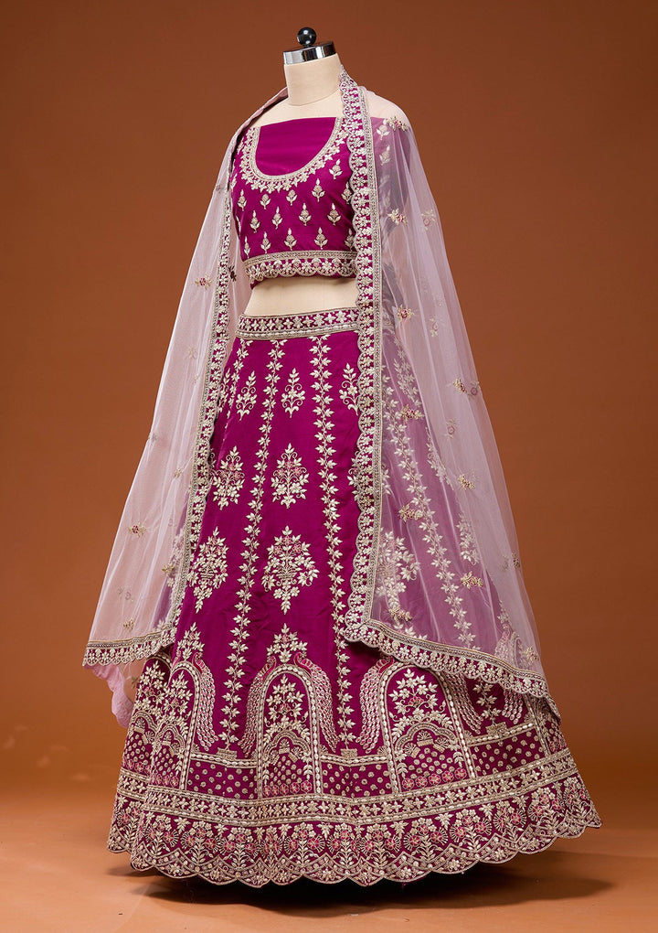 Wine Cording Raw Silk Semi-Stitched Lehenga_Koskii