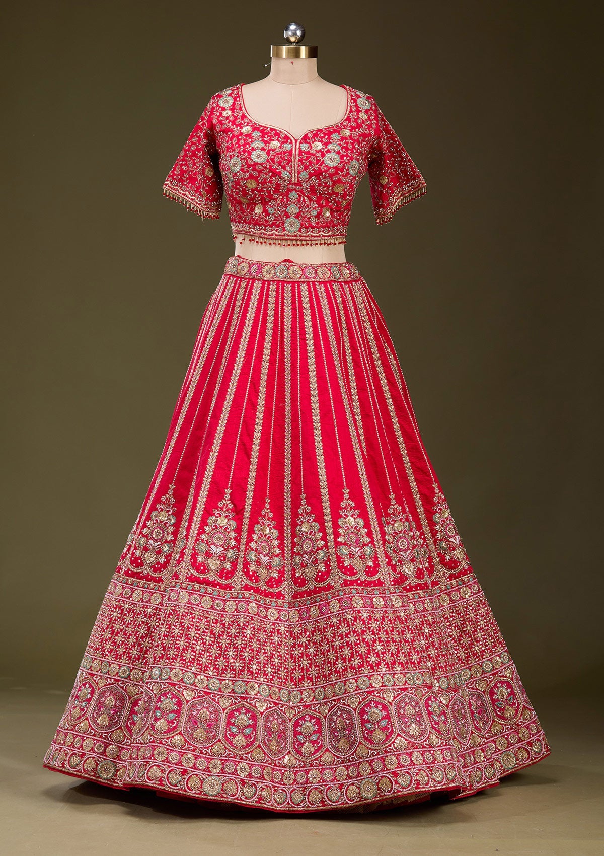 Red Zardosi Raw Silk Readymade Lehenga_Koskii