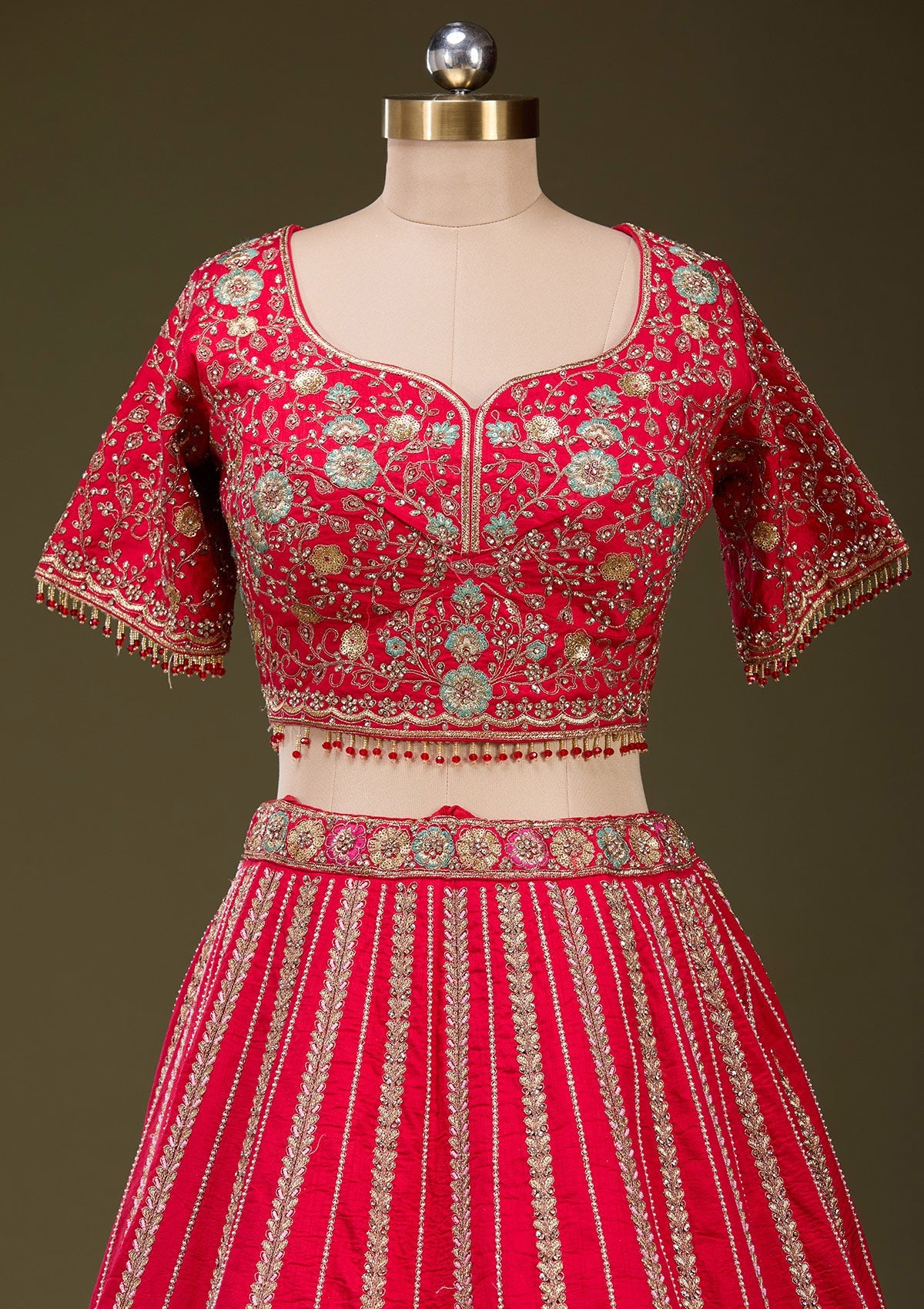 Red Zardosi Raw Silk Readymade Lehenga_Koskii