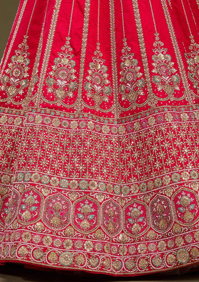 Red Zardosi Raw Silk Readymade Lehenga_Koskii