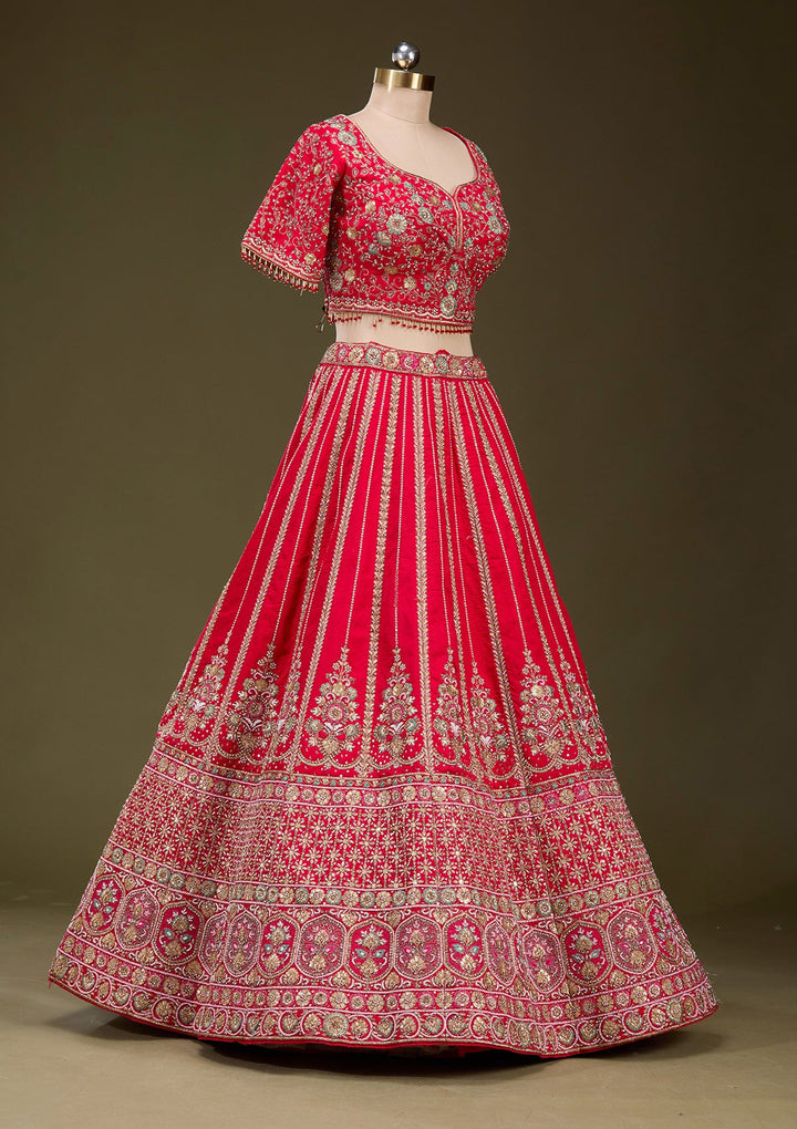 Red Zardosi Raw Silk Readymade Lehenga_Koskii