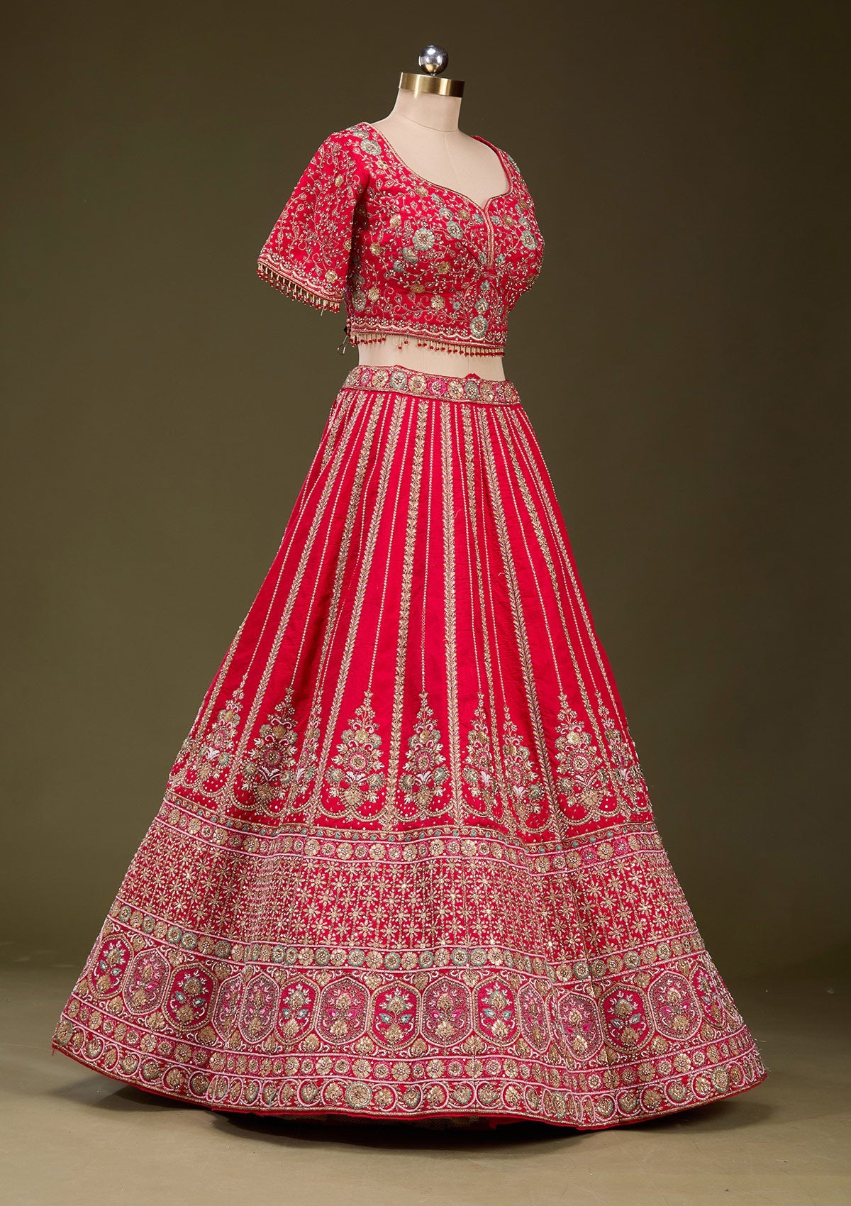 Red Zardosi Raw Silk Readymade Lehenga_Koskii