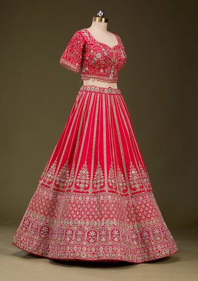 Red Zardosi Raw Silk Readymade Lehenga_Koskii