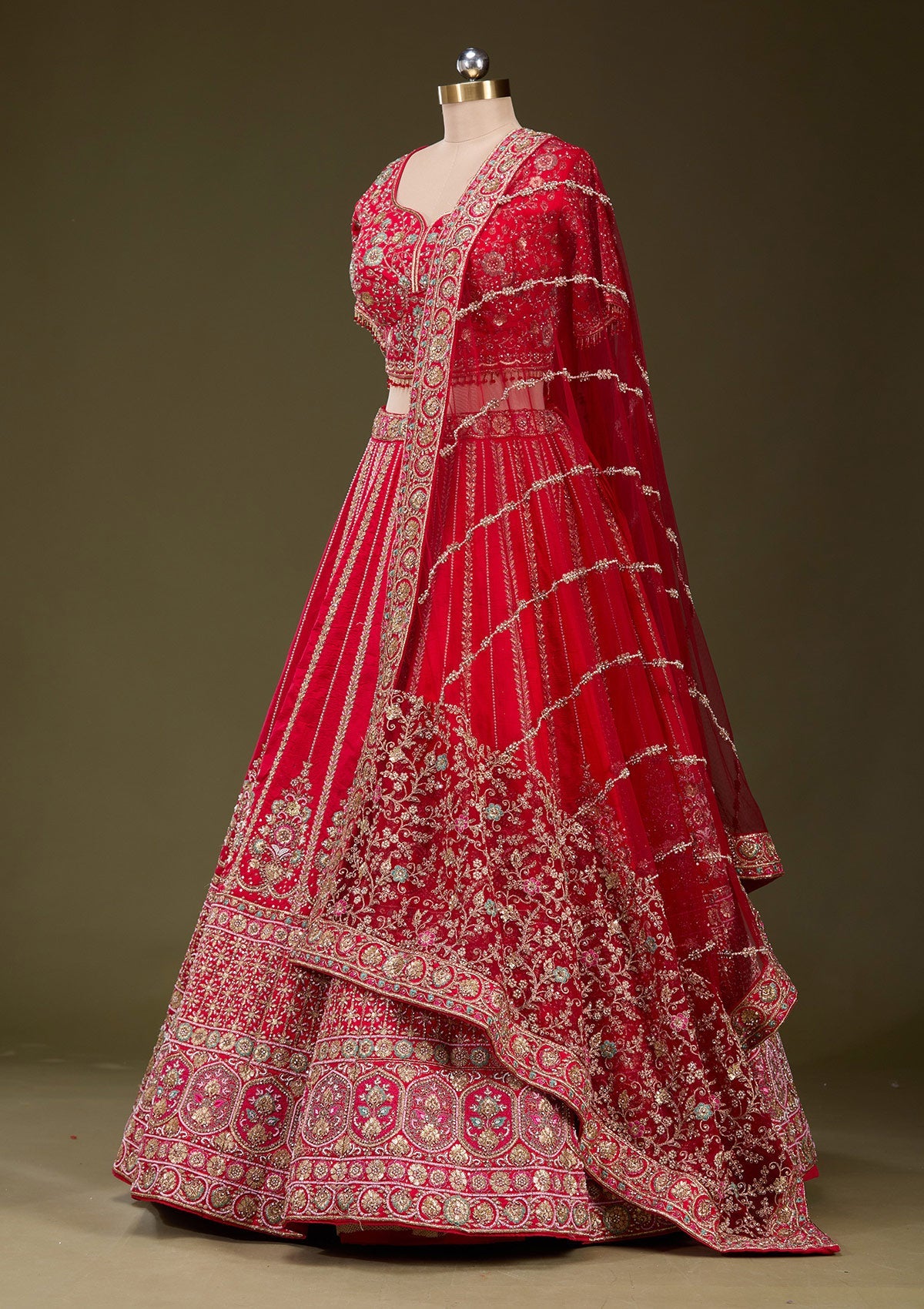 Red Zardosi Raw Silk Readymade Lehenga_Koskii