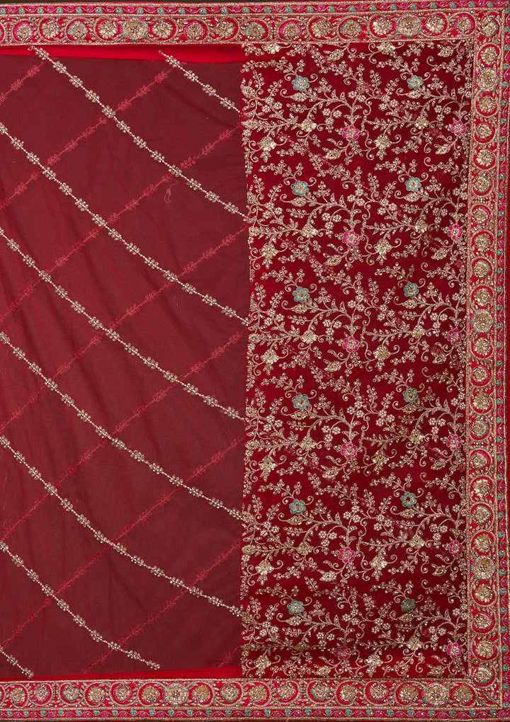 Red Zardosi Raw Silk Readymade Lehenga_Koskii