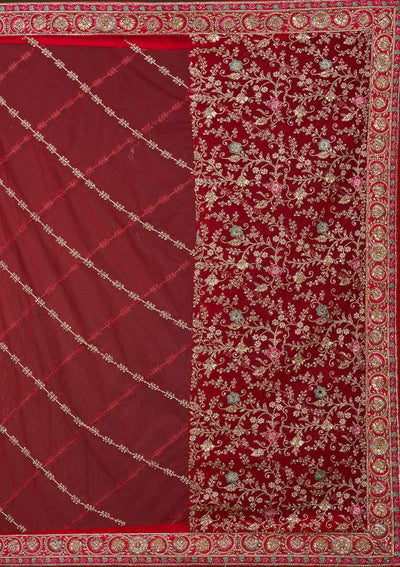 Red Zardosi Raw Silk Readymade Lehenga_Koskii
