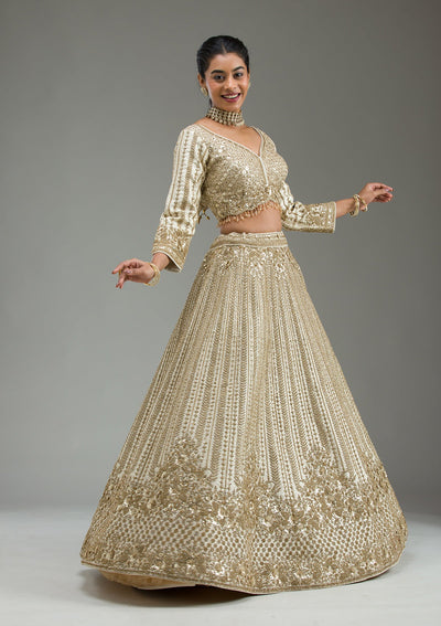 Cream Zariwork Raw Silk Readymade Lehenga-Koskii