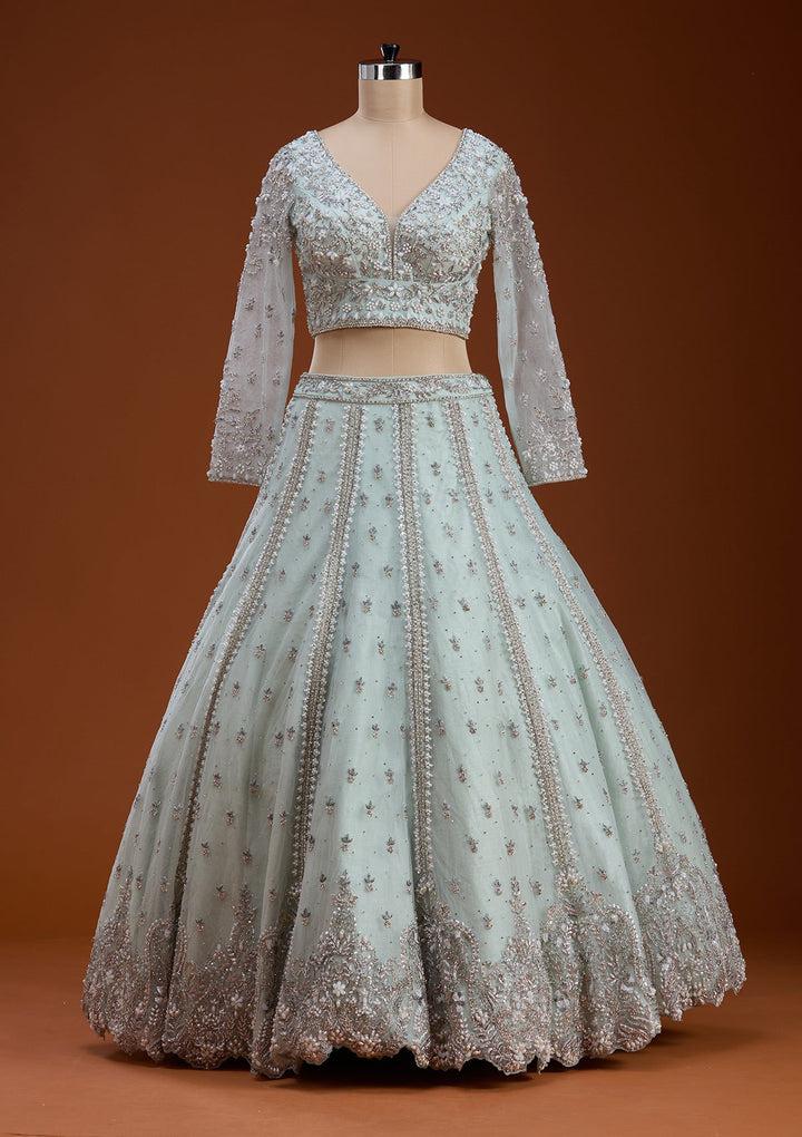 Sky Blue Zariwork Net Readymade Lehenga-koskii