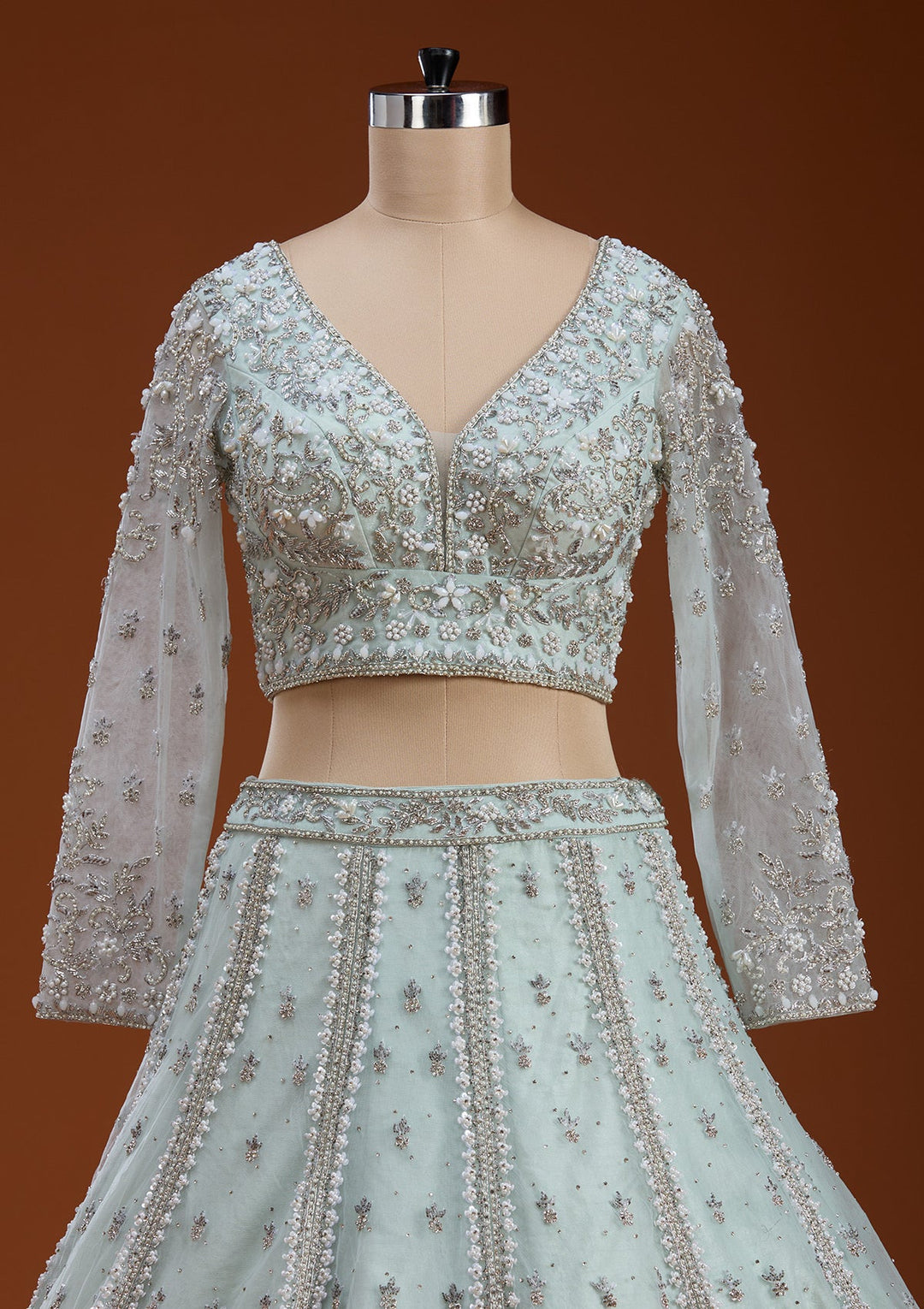 Sky Blue Zariwork Net Readymade Lehenga-koskii