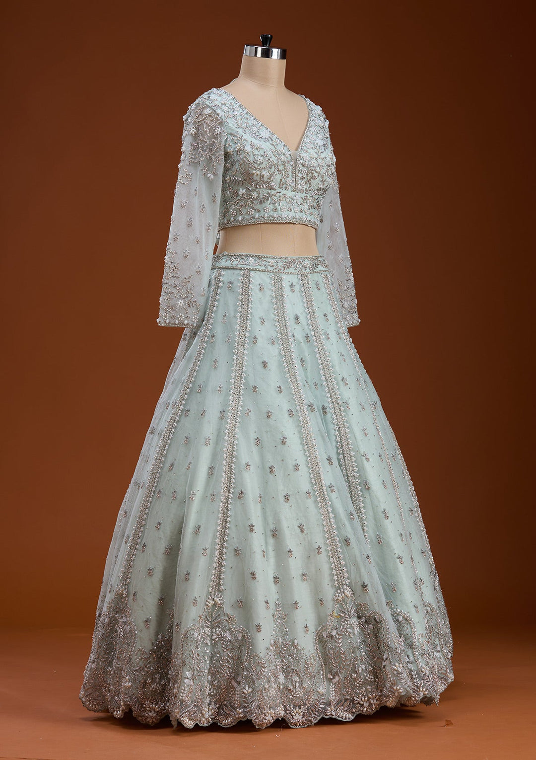 Sky Blue Zariwork Net Readymade Lehenga-koskii