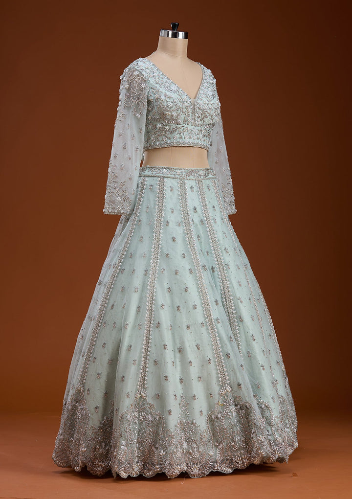 Sky Blue Zariwork Net Readymade Lehenga-koskii