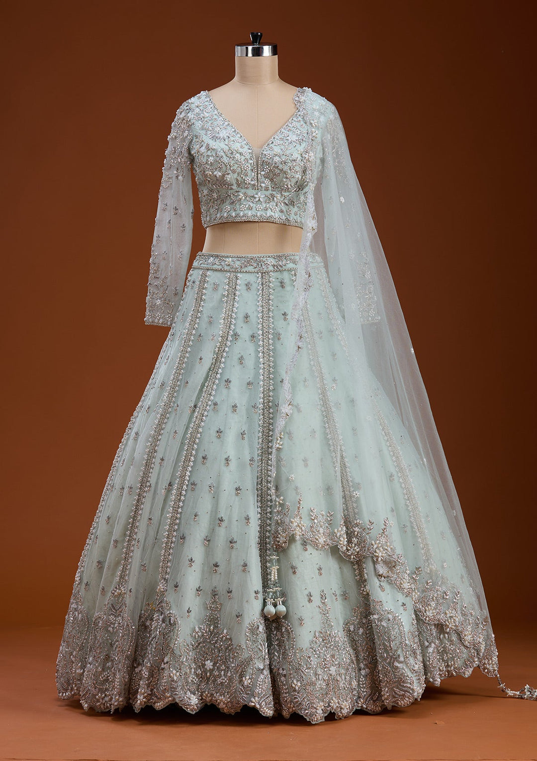 Sky Blue Zariwork Net Readymade Lehenga-koskii