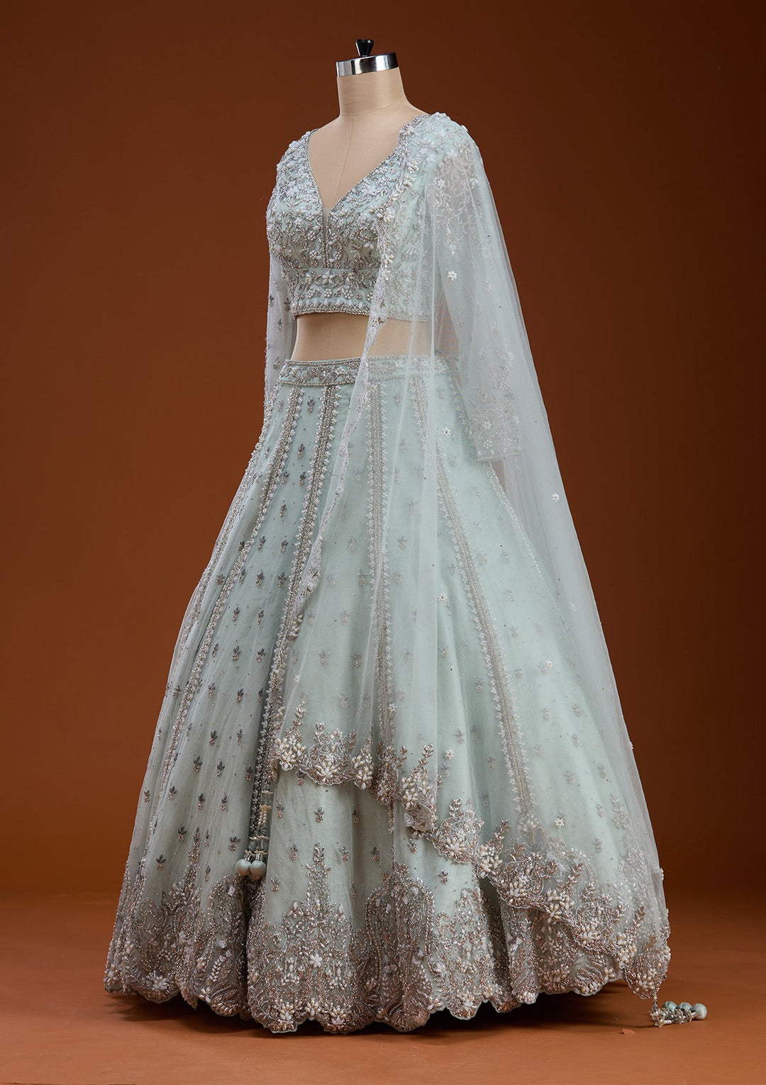 Sky Blue Zariwork Net Readymade Lehenga-koskii