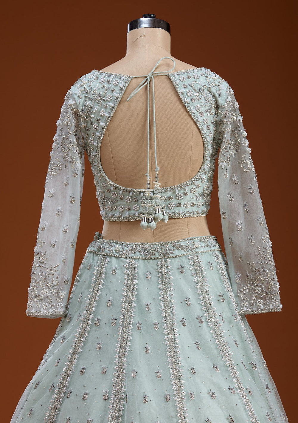 Sky Blue Zariwork Net Readymade Lehenga-koskii
