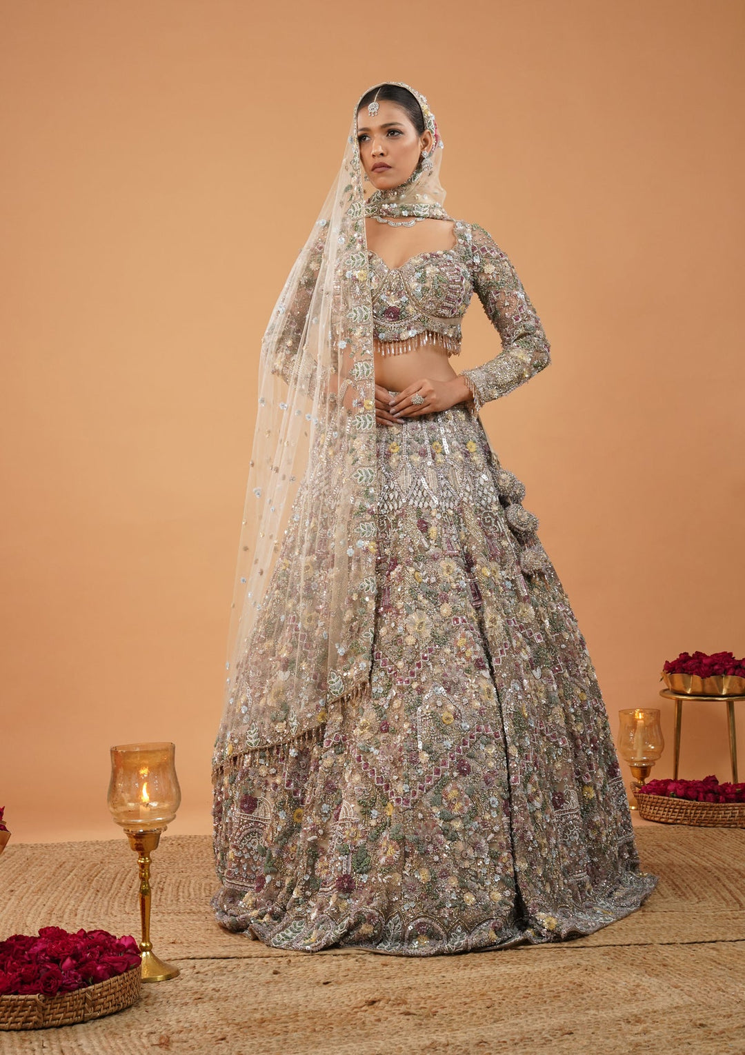 Cream Stonework Net Readymade Lehenga-Koskii