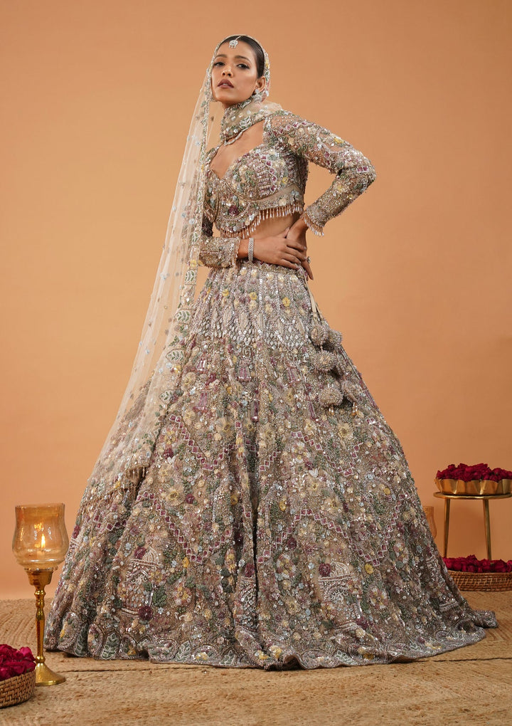 Cream Stonework Net Readymade Lehenga-Koskii